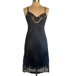 Lorriane VTG Black Satin and Lace Slip / Slip Dress Sz 36 Tall Lingerie Coquette